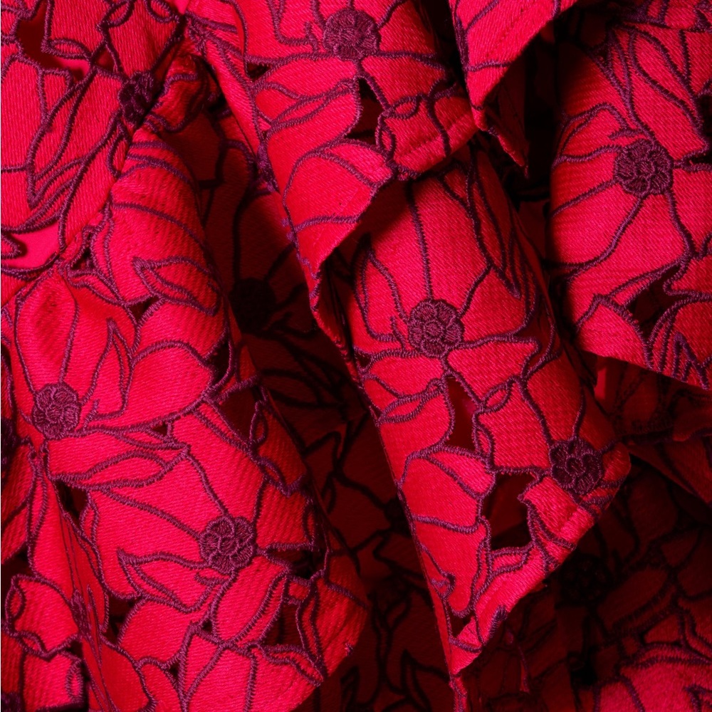 High-neck floral lace red maxi dress with layered ruffle asymmetric hem. Size 6 - Picture 4 of 9